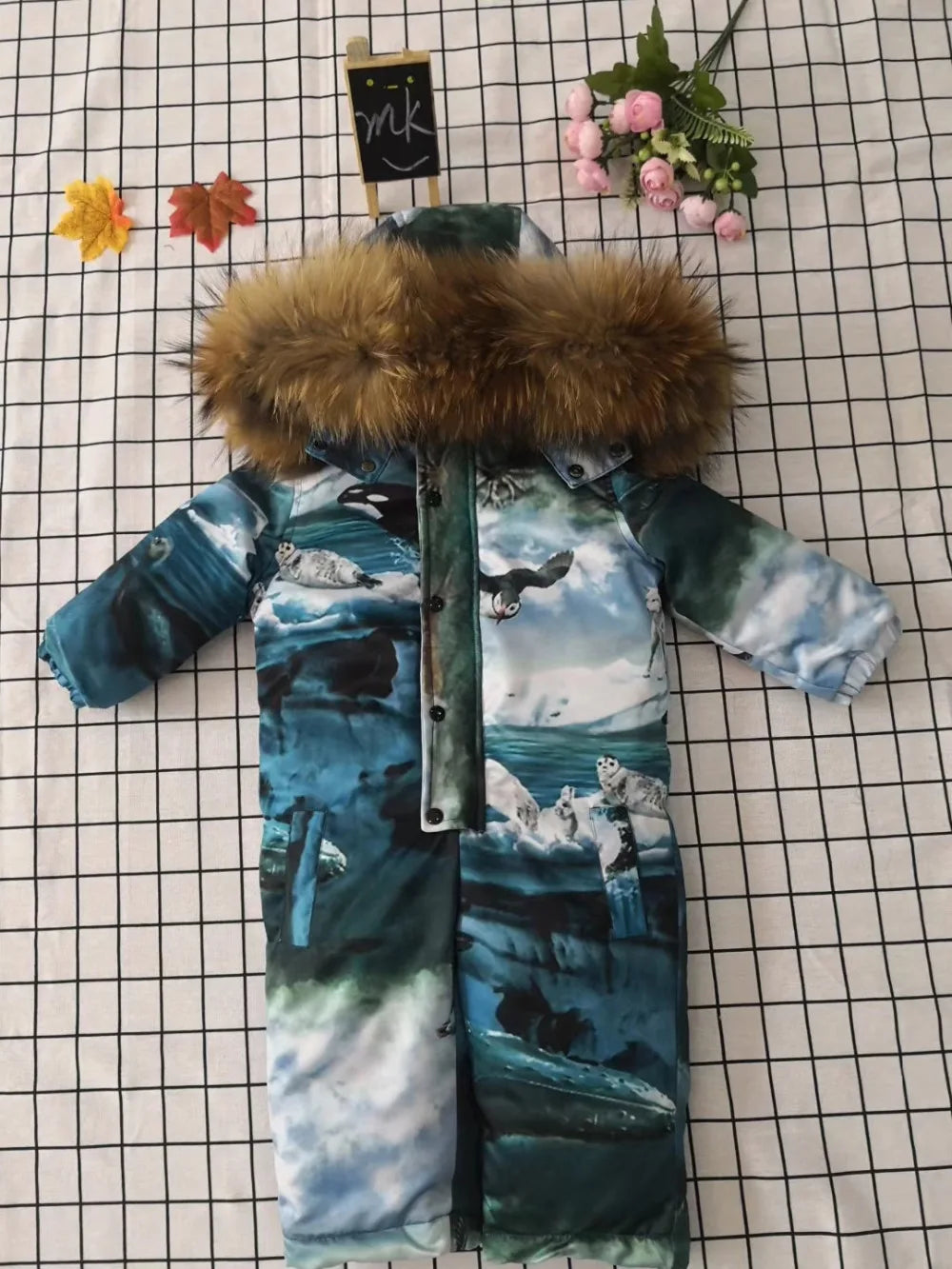 Real fur 2024 Winter Jacket child jackets children jumpsuit snow suit girl flower  down romper ski suits outerwear