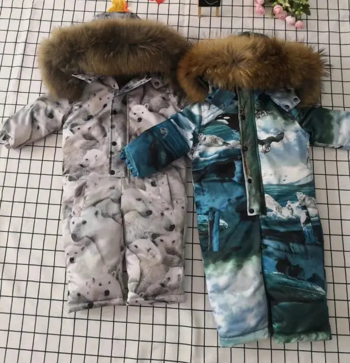 Real fur 2024 Winter Jacket child jackets children jumpsuit snow suit girl flower  down romper ski suits outerwear