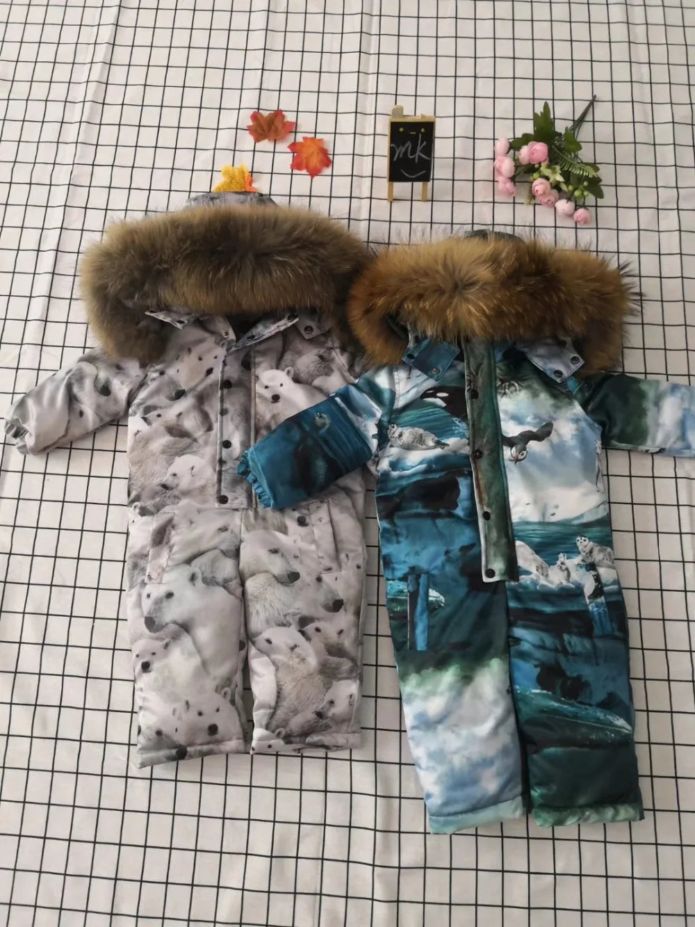 Real fur 2024 Winter Jacket child jackets children jumpsuit snow suit girl flower  down romper ski suits outerwear