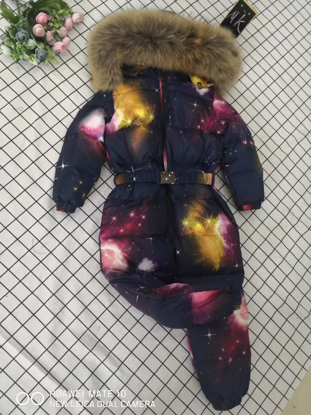 2024 Winter baby girl down coat Baby clothes print outerwear Fur Hooded children's Snowsuit down overall Child jumpsuit romper