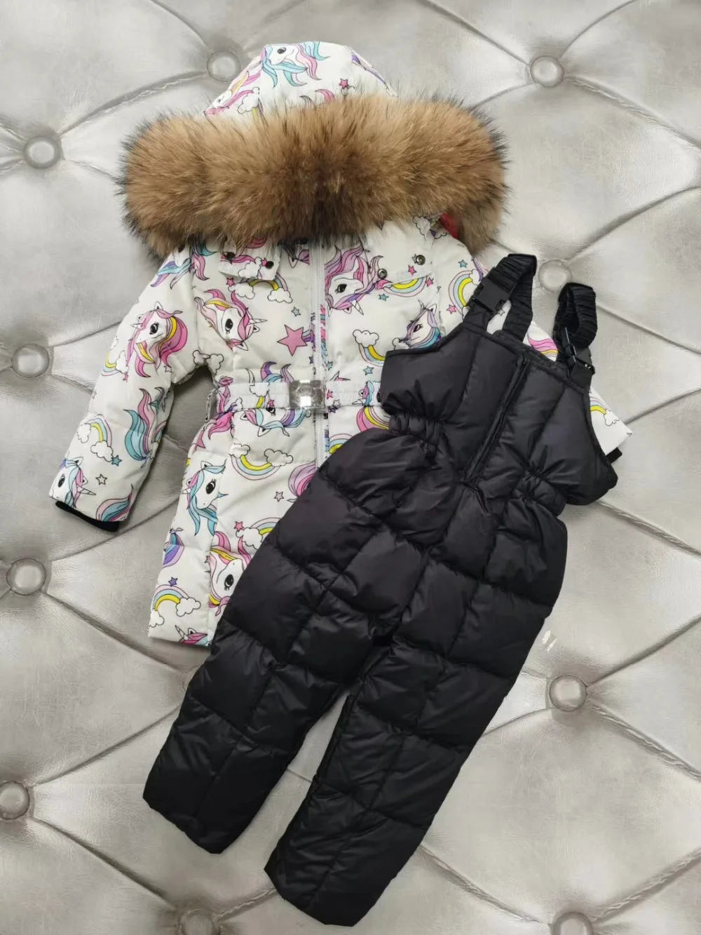 real fur new 2024 Winter Jacket Children down jackets & PANT duck down Fur hooded girl snowsuit boy Suit set outerwear ski suit