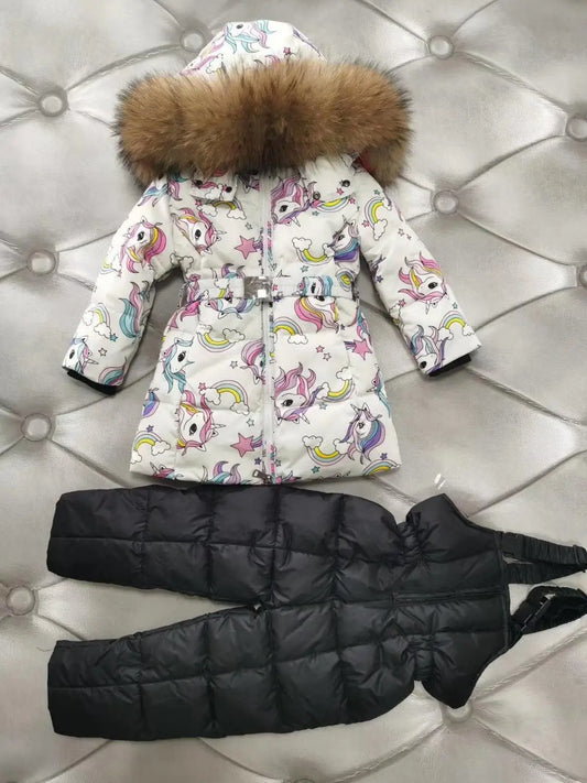 real fur new 2024 Winter Jacket Children down jackets & PANT duck down Fur hooded girl snowsuit boy Suit set outerwear ski suit