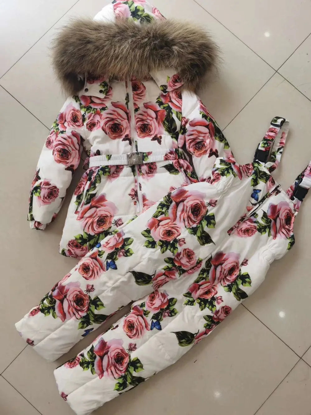 real fur new 2024 Winter Jacket Children down jackets & PANT duck down Fur hooded girl snowsuit boy Suit set outerwear ski suit