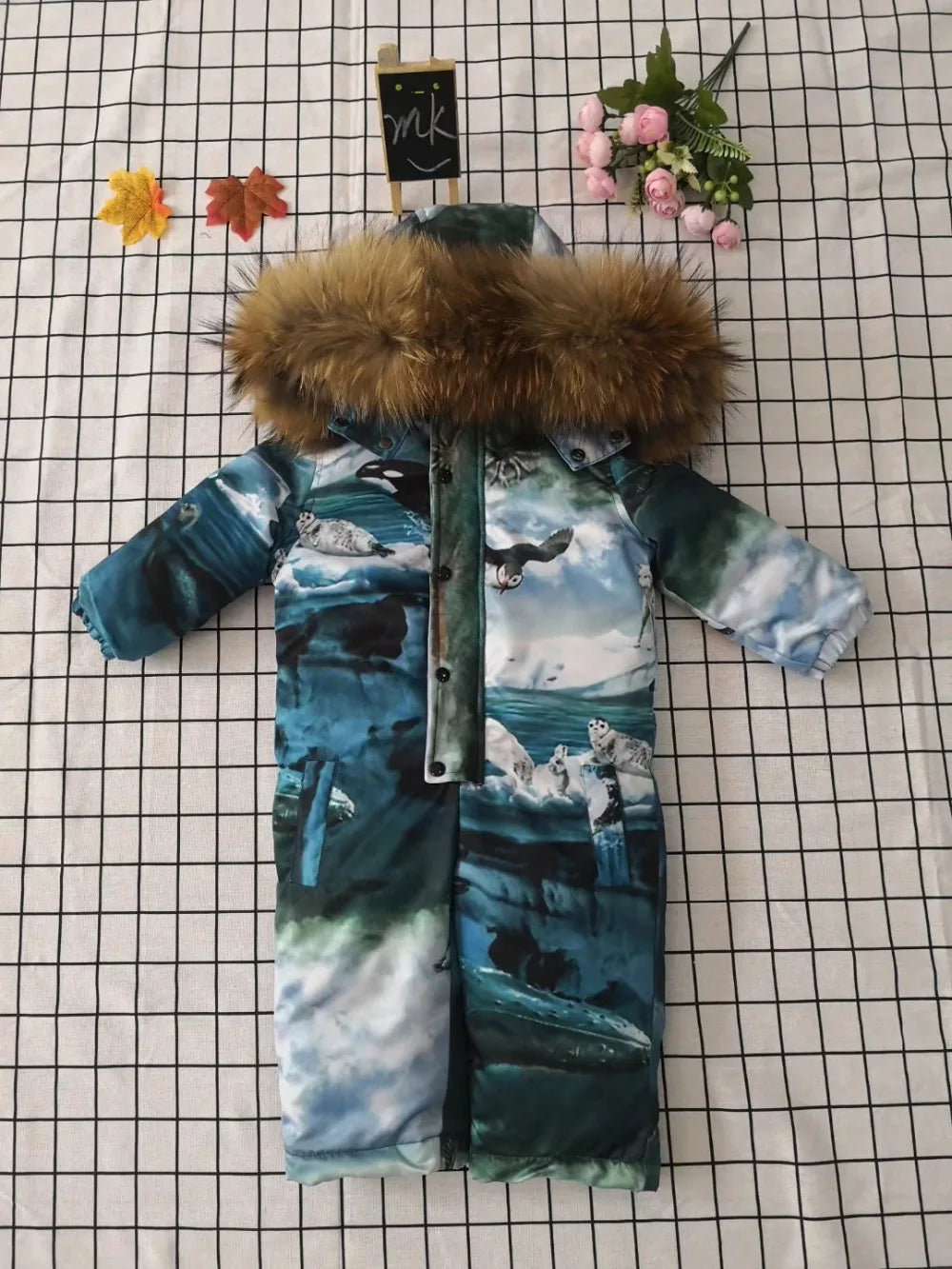 Real fur 2024 Winter Jacket child jackets children jumpsuit snow suit girl flower  down romper ski suits outerwear