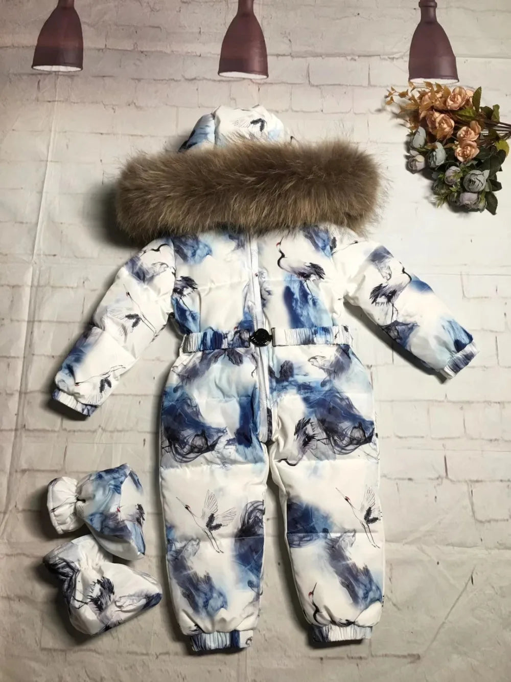 Real fur hooded 2024 Winter Jacket child jackets children jumpsuit snow suit girl floral down romper ski suits outerwear