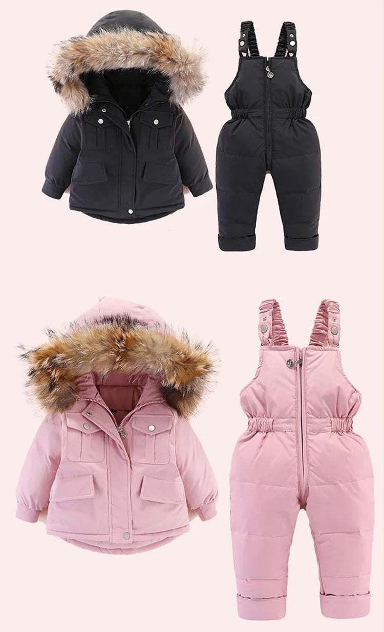 2pcs Set Children Winter Down Jacket and Jumpsuit for Baby Thicken Jacket for Girls Coat Warm Real Fur Collar Boys Snowsuit 0-4Y