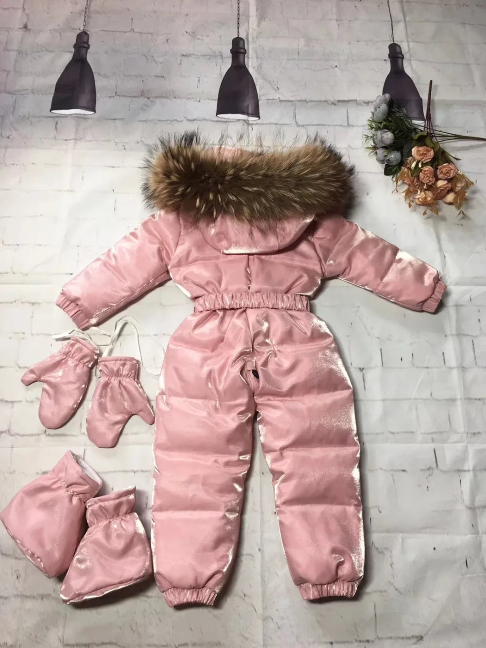 2024 Winter baby girl down coat Baby clothes print outerwear Fur Hooded children's Snowsuit down overall Child jumpsuit romper