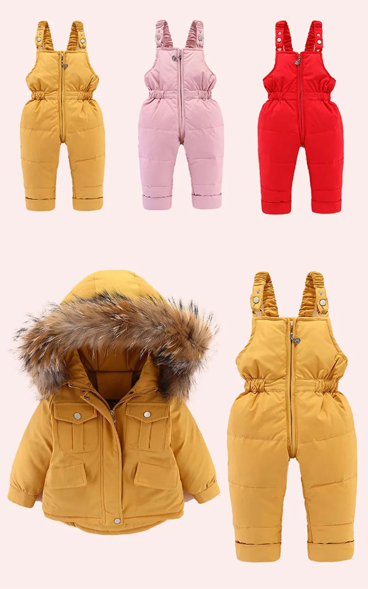 2pcs Set Children Winter Down Jacket and Jumpsuit for Baby Thicken Jacket for Girls Coat Warm Real Fur Collar Boys Snowsuit 0-4Y