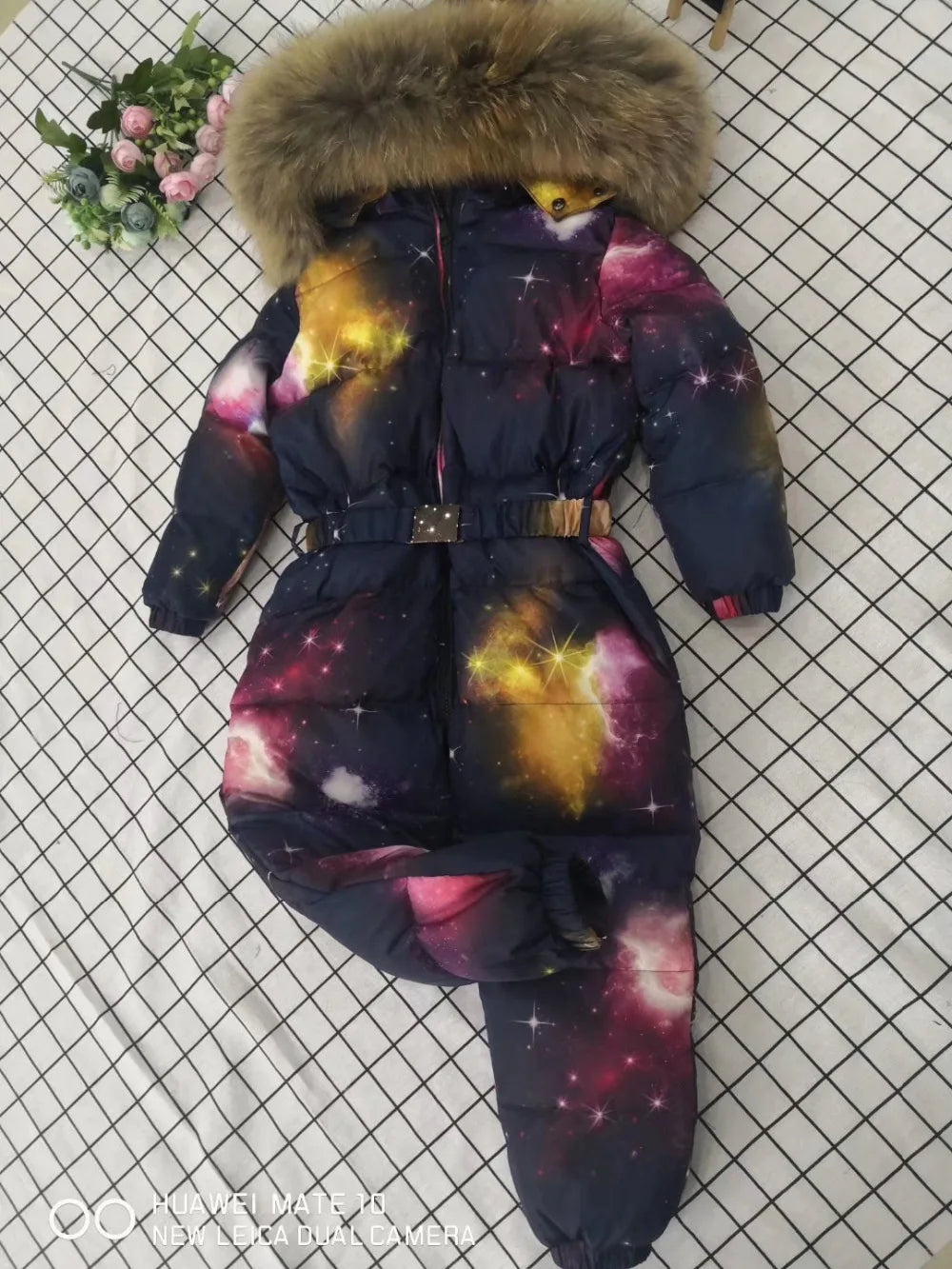 2024 Winter baby girl down coat Baby clothes print outerwear Fur Hooded children's Snowsuit down overall Child jumpsuit romper