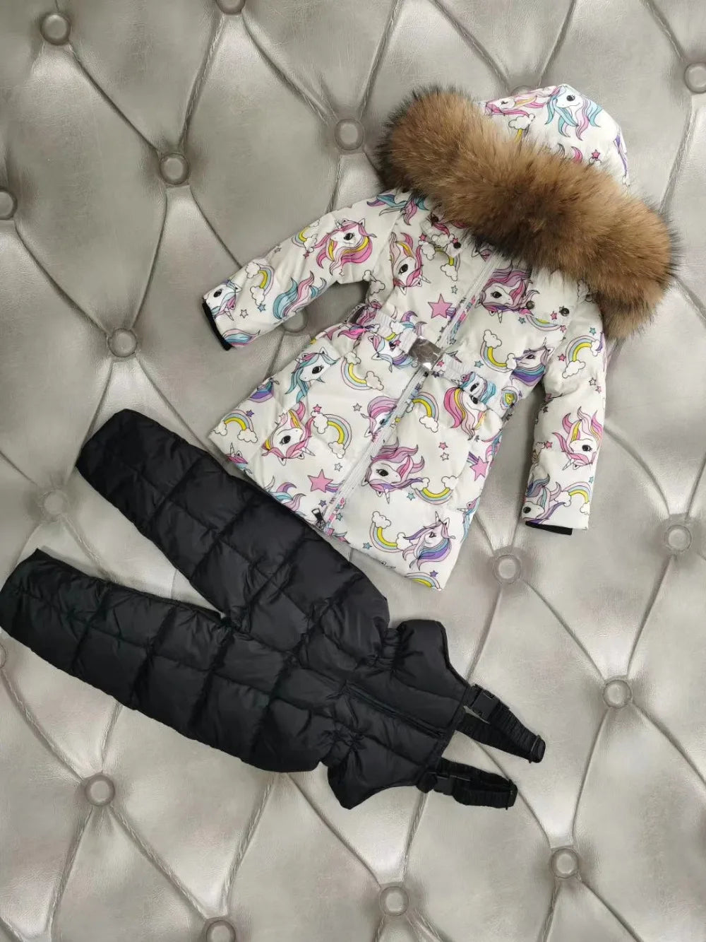 real fur new 2024 Winter Jacket Children down jackets & PANT duck down Fur hooded girl snowsuit boy Suit set outerwear ski suit