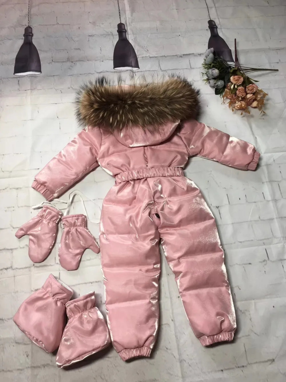 2024 Winter baby girl down coat Baby clothes print outerwear Fur Hooded children's Snowsuit down overall Child jumpsuit romper