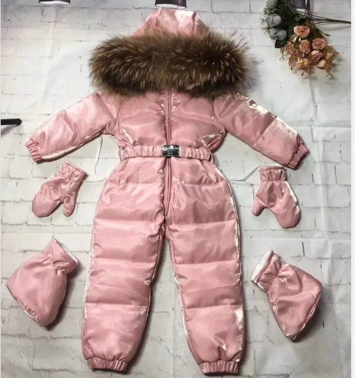 2024 Winter baby girl down coat Baby clothes print outerwear Fur Hooded children's Snowsuit down overall Child jumpsuit romper