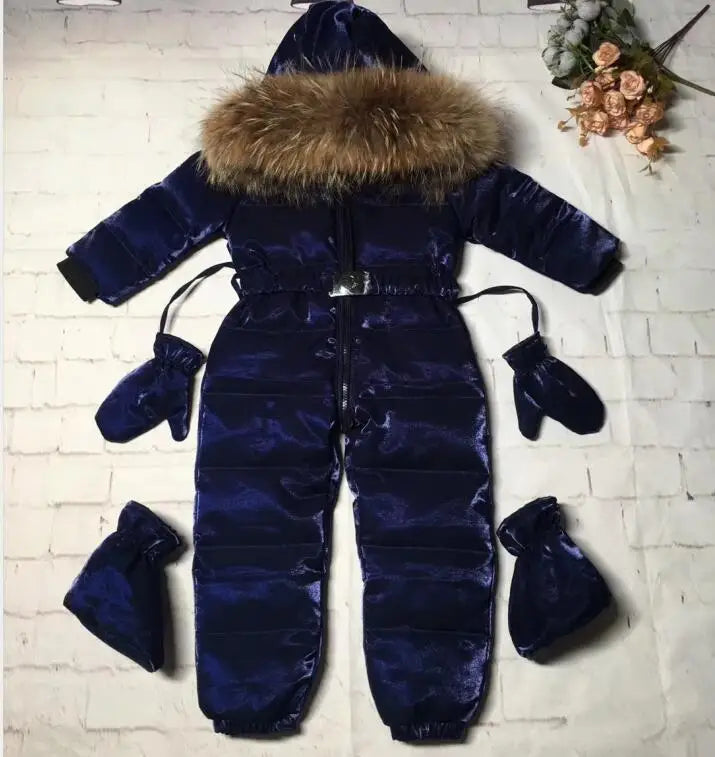 2024 Winter baby girl down coat Baby clothes print outerwear Fur Hooded children's Snowsuit down overall Child jumpsuit romper