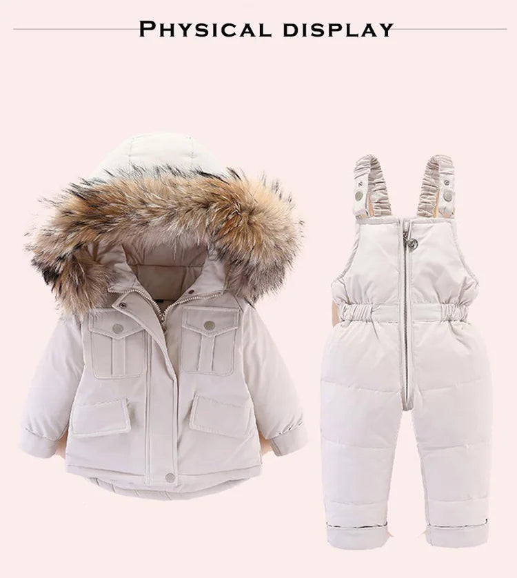 2pcs Set Children Winter Down Jacket and Jumpsuit for Baby Thicken Jacket for Girls Coat Warm Real Fur Collar Boys Snowsuit 0-4Y