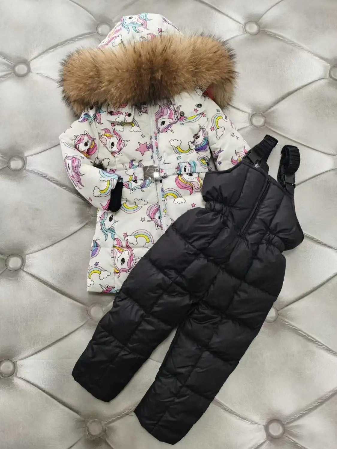 real fur new 2024 Winter Jacket Children down jackets & PANT duck down Fur hooded girl snowsuit boy Suit set outerwear ski suit