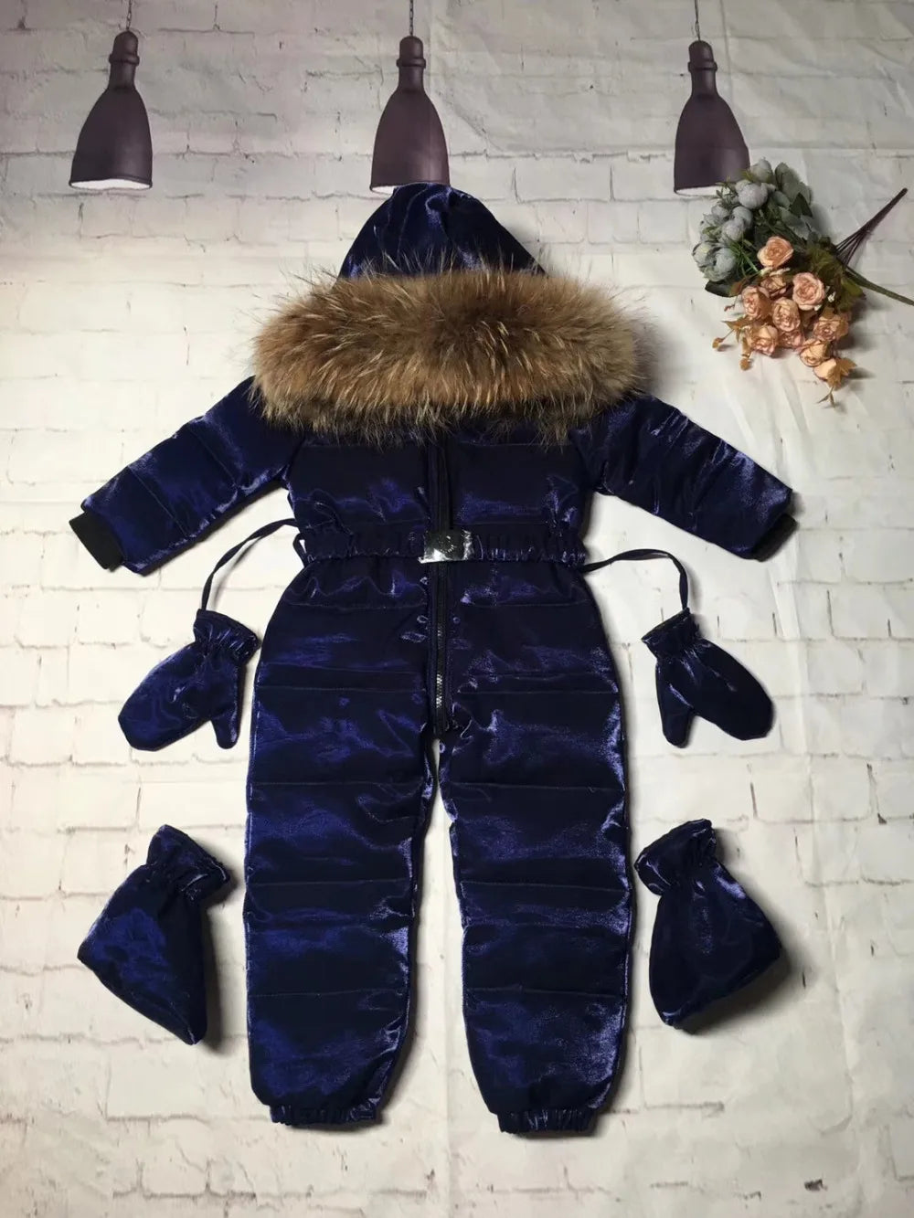 2024 Winter baby girl down coat Baby clothes print outerwear Fur Hooded children's Snowsuit down overall Child jumpsuit romper