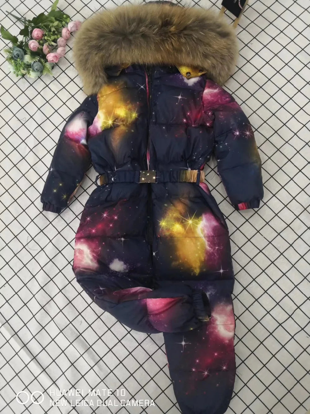 2024 Winter baby girl down coat Baby clothes print outerwear Fur Hooded children's Snowsuit down overall Child jumpsuit romper