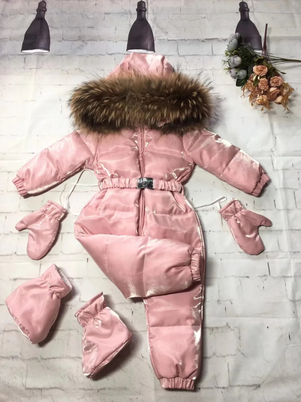 2024 Winter baby girl down coat Baby clothes print outerwear Fur Hooded children's Snowsuit down overall Child jumpsuit romper