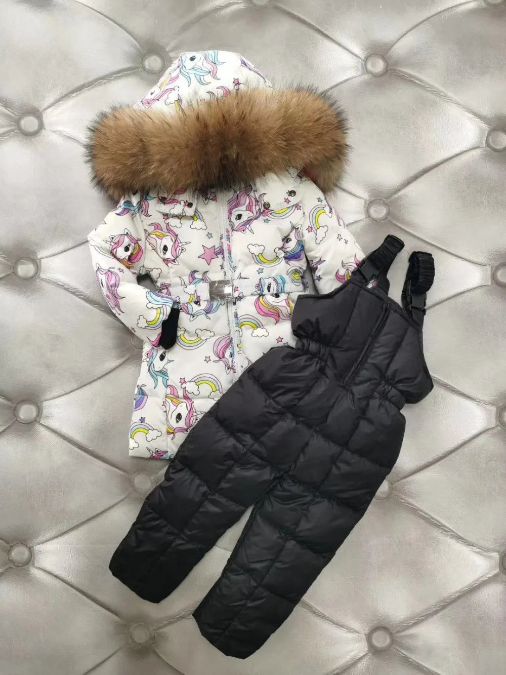 real fur new 2024 Winter Jacket Children down jackets & PANT duck down Fur hooded girl snowsuit boy Suit set outerwear ski suit