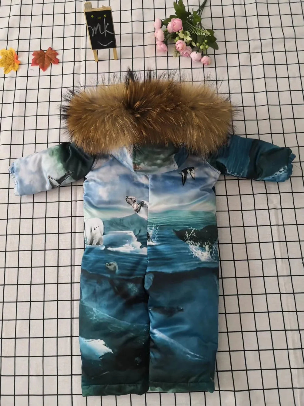 Real fur 2024 Winter Jacket child jackets children jumpsuit snow suit girl flower  down romper ski suits outerwear