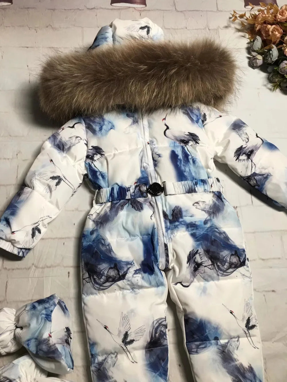 Real fur hooded 2024 Winter Jacket child jackets children jumpsuit snow suit girl floral down romper ski suits outerwear