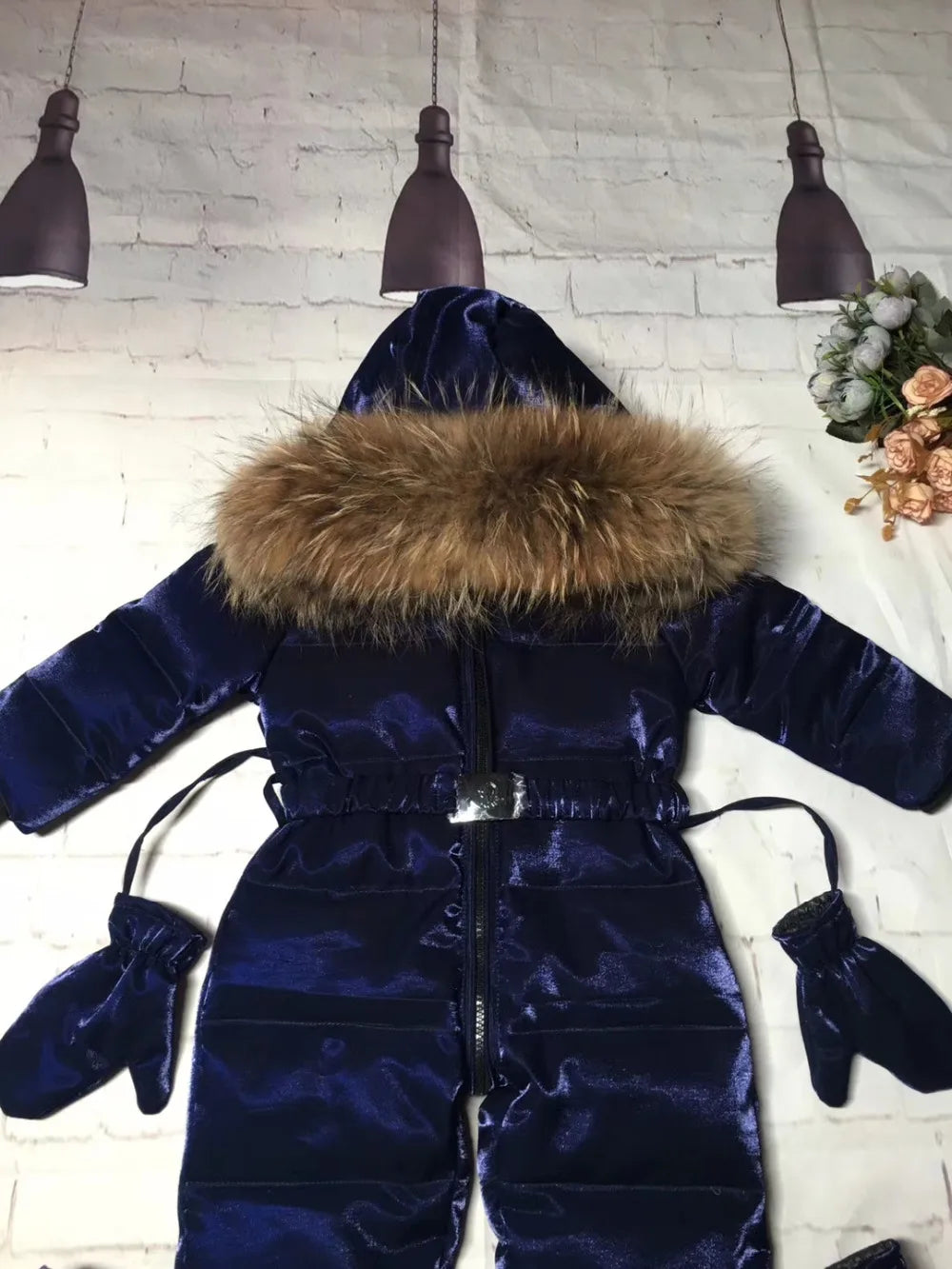 2024 Winter baby girl down coat Baby clothes print outerwear Fur Hooded children's Snowsuit down overall Child jumpsuit romper