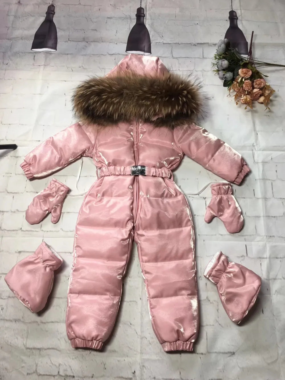 2024 Winter baby girl down coat Baby clothes print outerwear Fur Hooded children's Snowsuit down overall Child jumpsuit romper