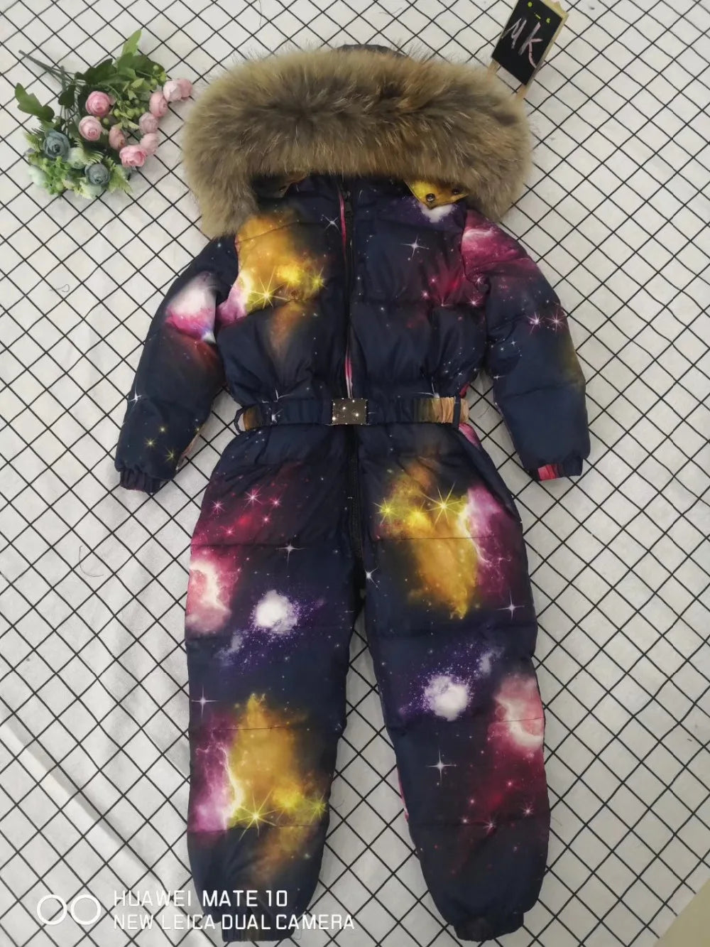 2024 Winter baby girl down coat Baby clothes print outerwear Fur Hooded children's Snowsuit down overall Child jumpsuit romper