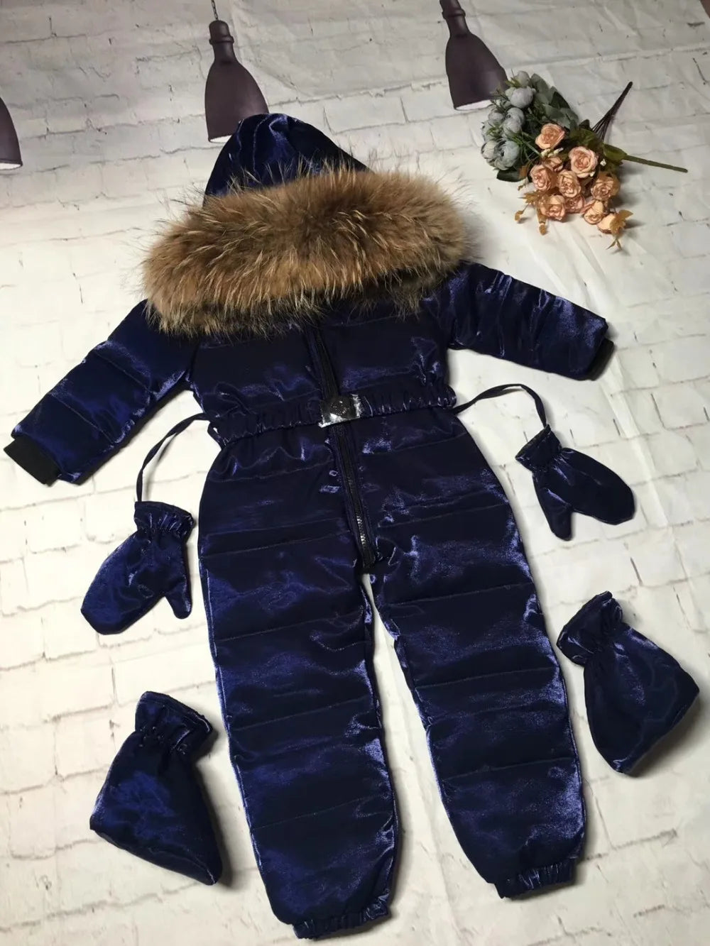 2024 Winter baby girl down coat Baby clothes print outerwear Fur Hooded children's Snowsuit down overall Child jumpsuit romper