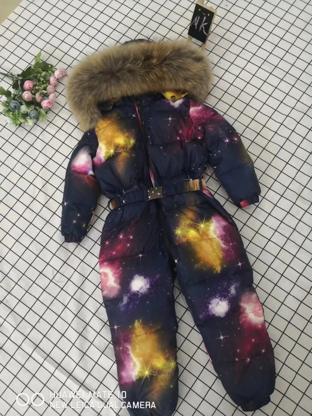 2024 Winter baby girl down coat Baby clothes print outerwear Fur Hooded children's Snowsuit down overall Child jumpsuit romper