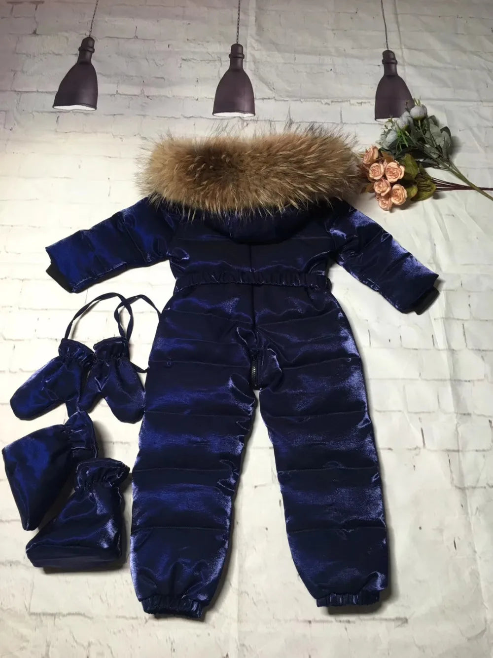 2024 Winter baby girl down coat Baby clothes print outerwear Fur Hooded children's Snowsuit down overall Child jumpsuit romper