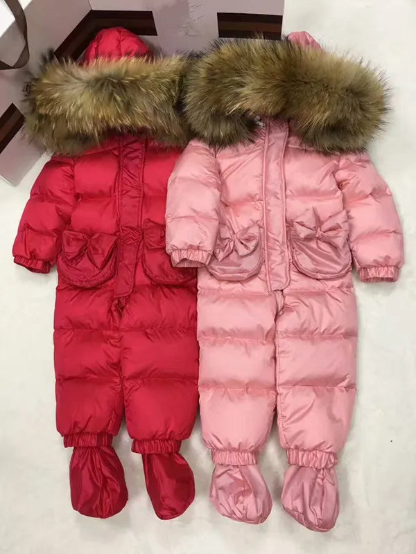 2024 Winter baby girl down coat Baby overall bow outerwear Fur Hooded children's Snowsuit down Child jumpsuit romper parka