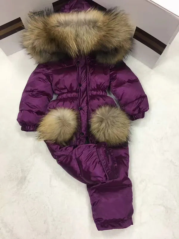 2024 Winter baby girl down coat Baby clothes print outerwear Fur Hooded children's Snowsuit down coats Child jumpsuit romper