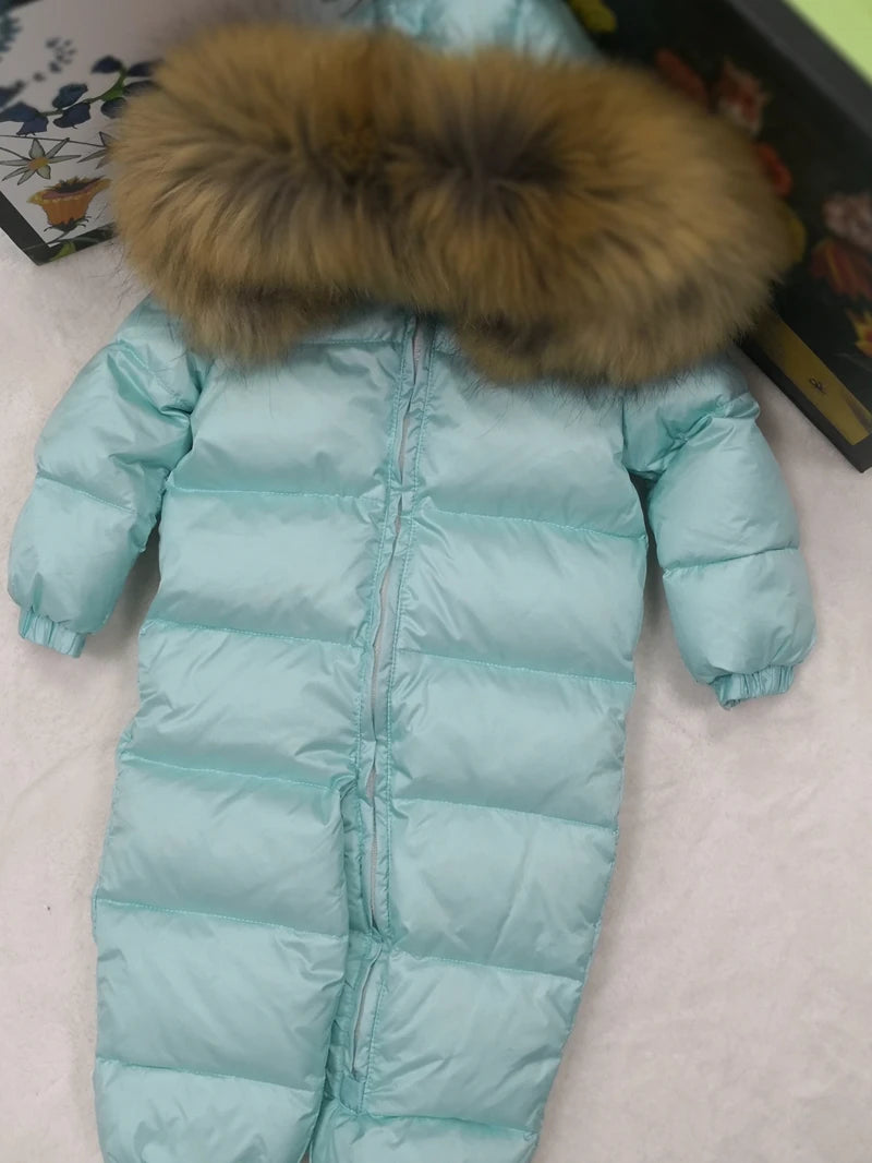 Real fur hooded 2024 Winter Jacket child jackets children jumpsuit snow suit girl floral limbing down romper ski suits outerwear