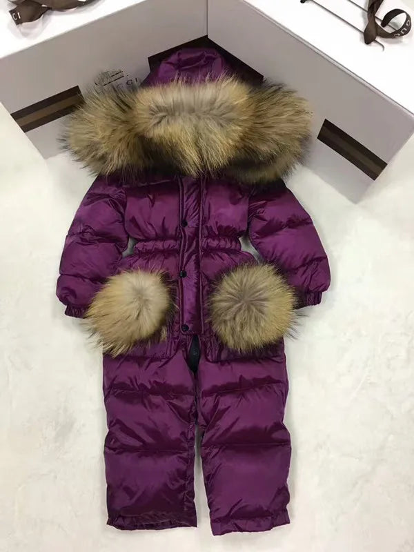 2024 Winter baby girl down coat Baby clothes print outerwear Fur Hooded children's Snowsuit down coats Child jumpsuit romper