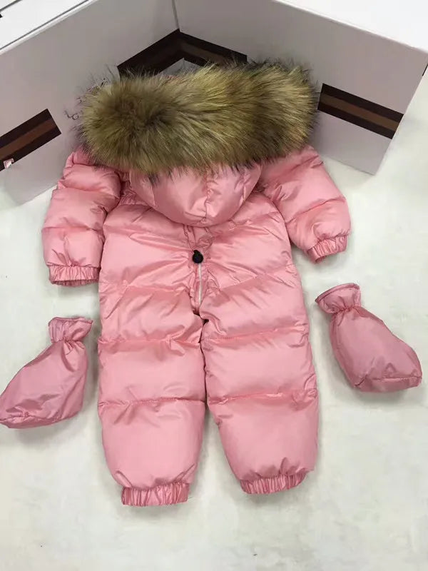 2024 Winter baby girl down coat Baby overall bow outerwear Fur Hooded children's Snowsuit down Child jumpsuit romper parka