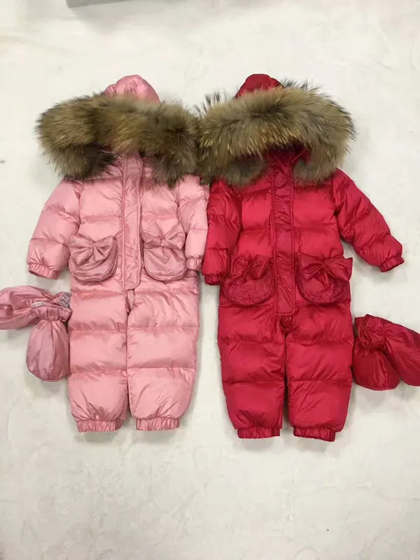 2024 Winter baby girl down coat Baby overall bow outerwear Fur Hooded children's Snowsuit down Child jumpsuit romper parka