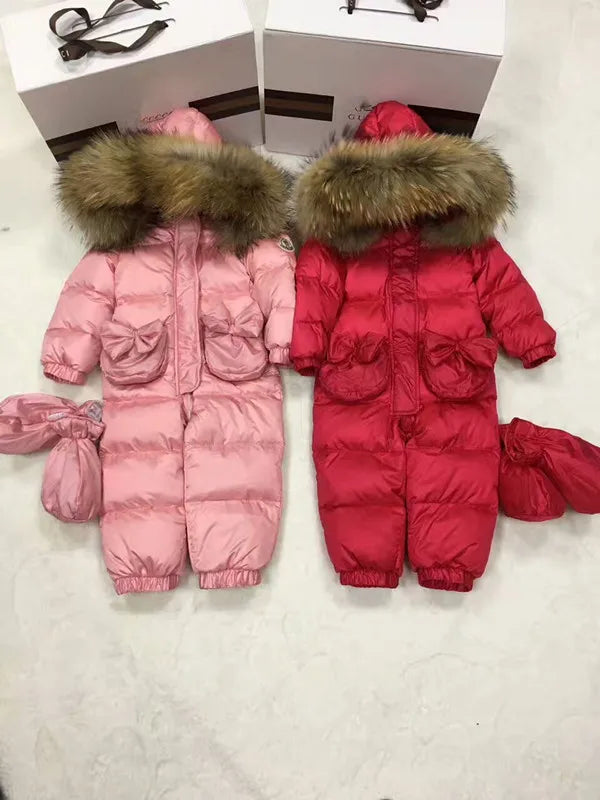 2024 Winter baby girl down coat Baby overall bow outerwear Fur Hooded children's Snowsuit down Child jumpsuit romper parka