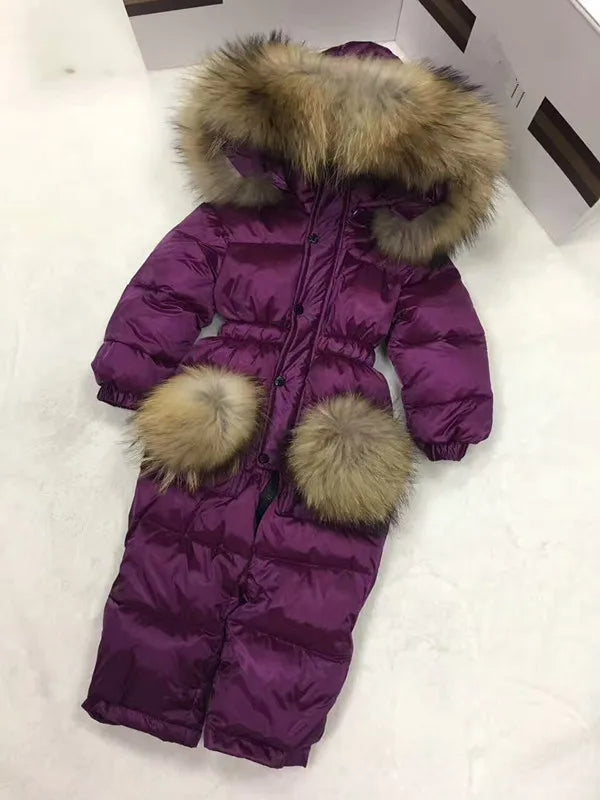 2024 Winter baby girl down coat Baby clothes print outerwear Fur Hooded children's Snowsuit down coats Child jumpsuit romper