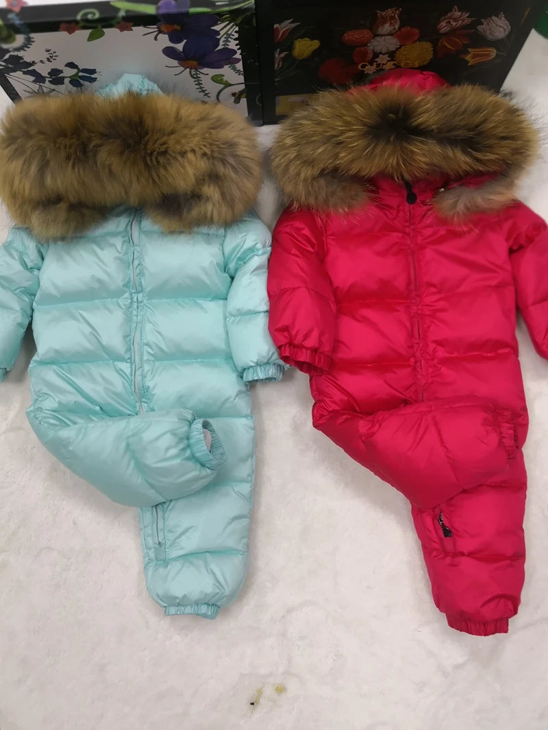 Real fur hooded 2024 Winter Jacket child jackets children jumpsuit snow suit girl floral limbing down romper ski suits outerwear