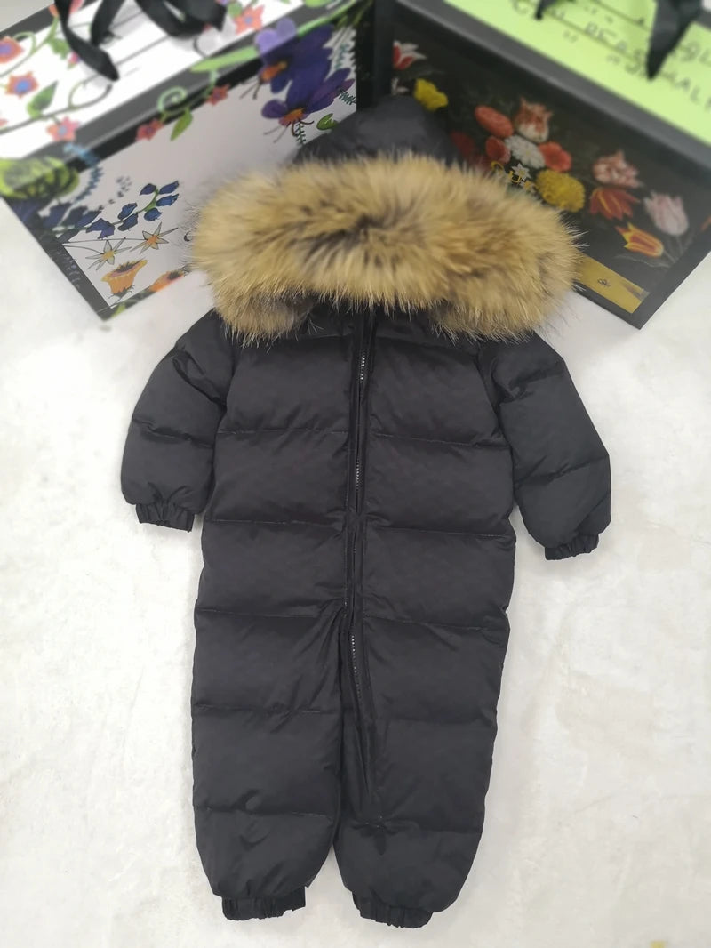 Real fur hooded 2024 Winter Jacket child jackets children jumpsuit snow suit girl floral limbing down romper ski suits outerwear