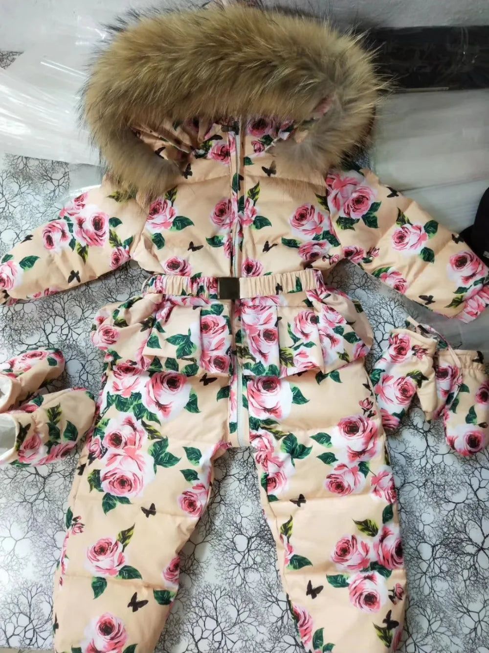 Real fur hooded 2024 Winter Jacket child jackets children jumpsuit snow suit girl floral limbing down romper ski suits outerwear