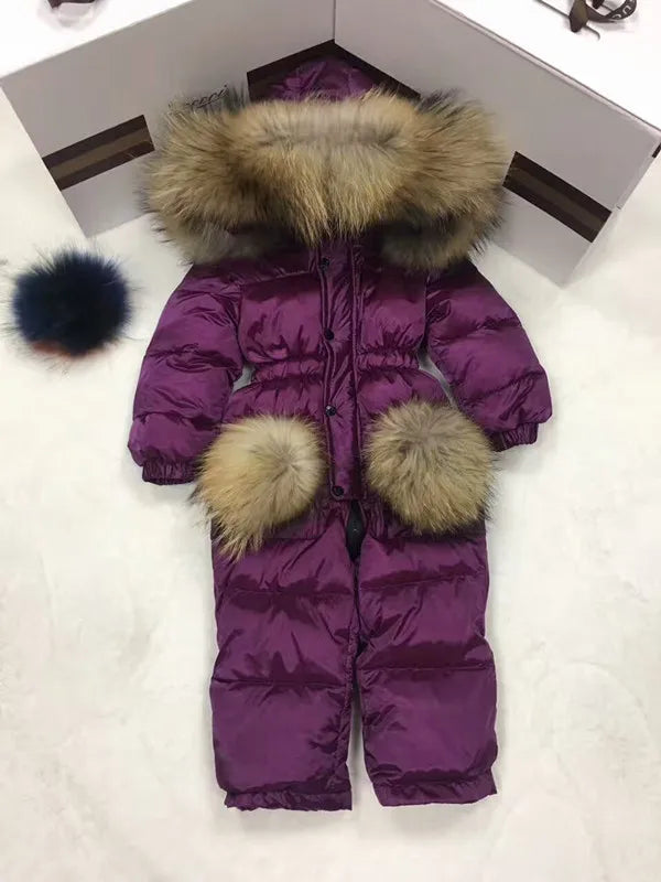 2024 Winter baby girl down coat Baby clothes print outerwear Fur Hooded children's Snowsuit down coats Child jumpsuit romper