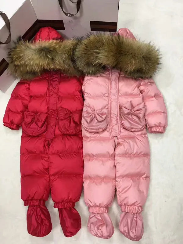 2024 Winter baby girl down coat Baby overall bow outerwear Fur Hooded children's Snowsuit down Child jumpsuit romper parka