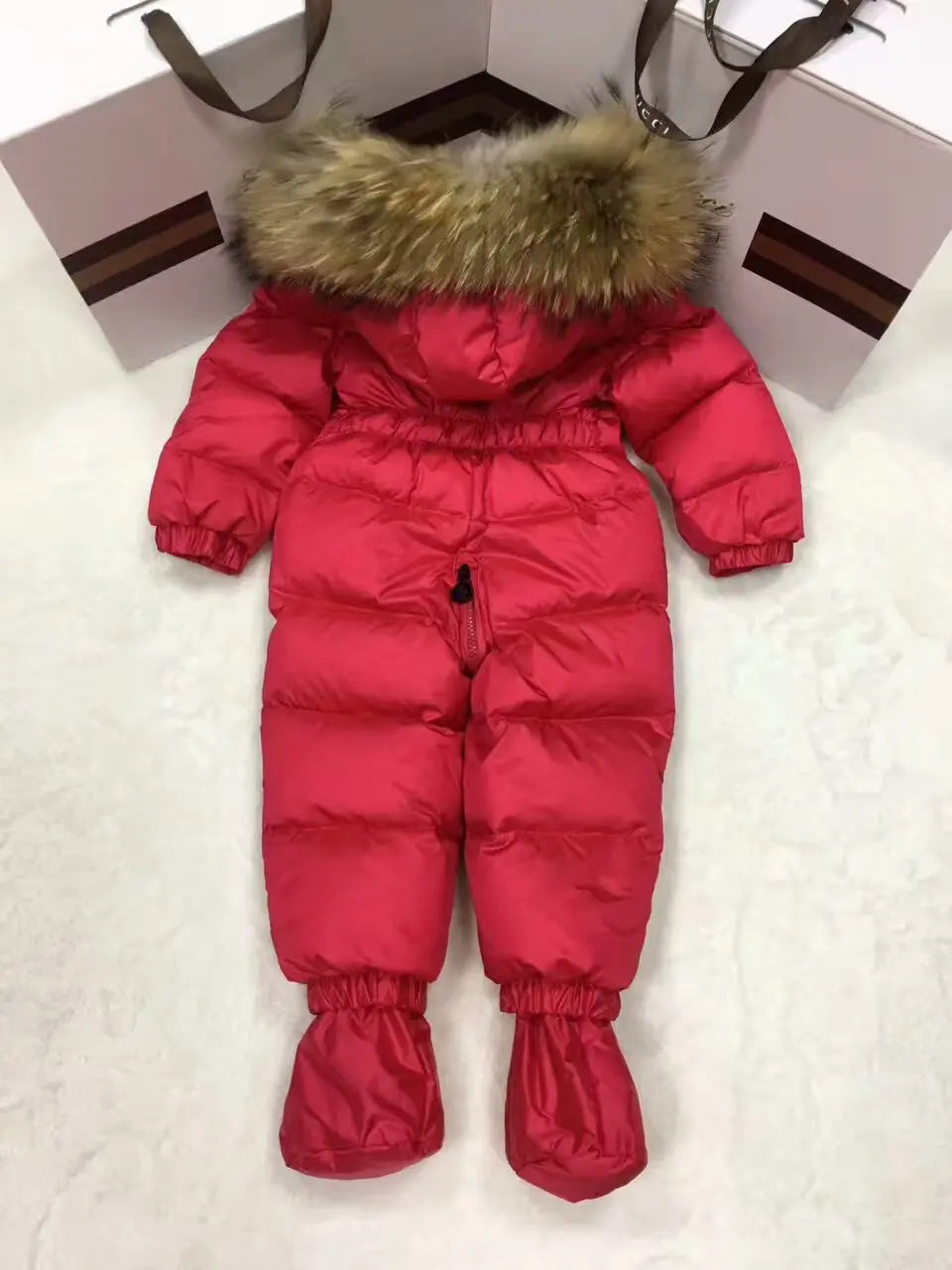 2024 Winter baby girl down coat Baby overall bow outerwear Fur Hooded children's Snowsuit down Child jumpsuit romper parka