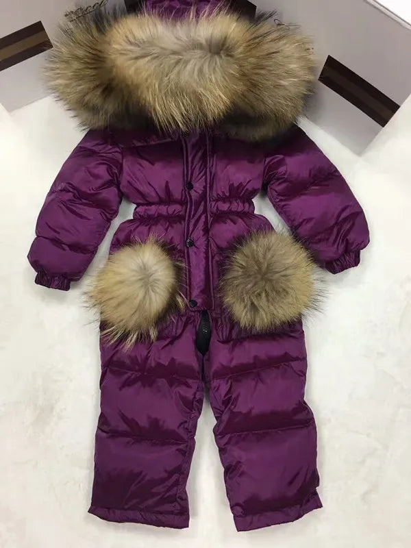 2024 Winter baby girl down coat Baby clothes print outerwear Fur Hooded children's Snowsuit down coats Child jumpsuit romper