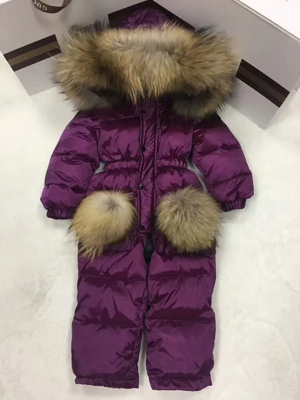 2024 Winter baby girl down coat Baby clothes print outerwear Fur Hooded children's Snowsuit down coats Child jumpsuit romper