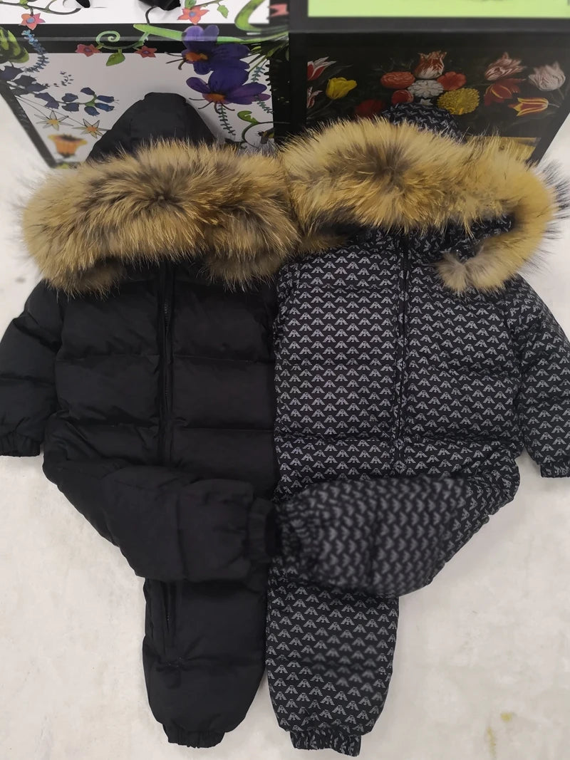 Real fur hooded 2024 Winter Jacket child jackets children jumpsuit snow suit girl floral limbing down romper ski suits outerwear