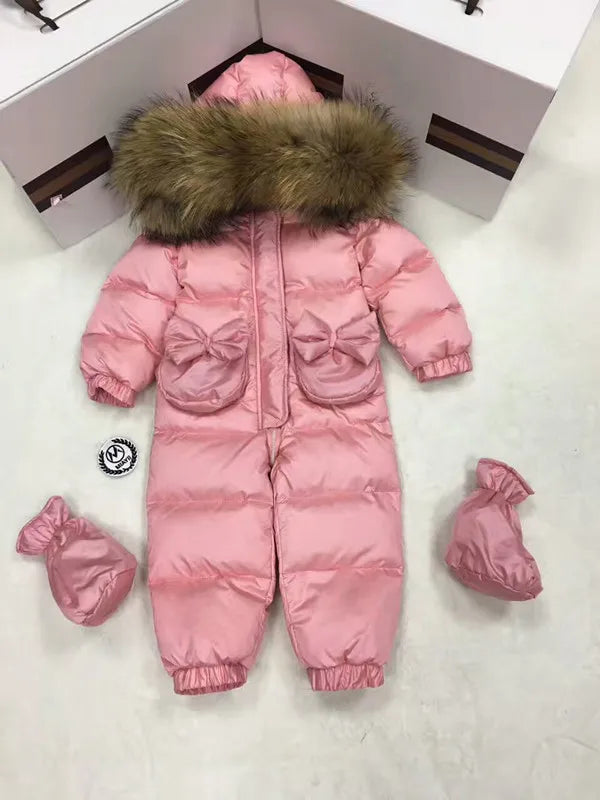 2024 Winter baby girl down coat Baby overall bow outerwear Fur Hooded children's Snowsuit down Child jumpsuit romper parka