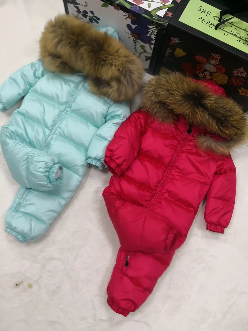 Real fur hooded 2024 Winter Jacket child jackets children jumpsuit snow suit girl floral limbing down romper ski suits outerwear